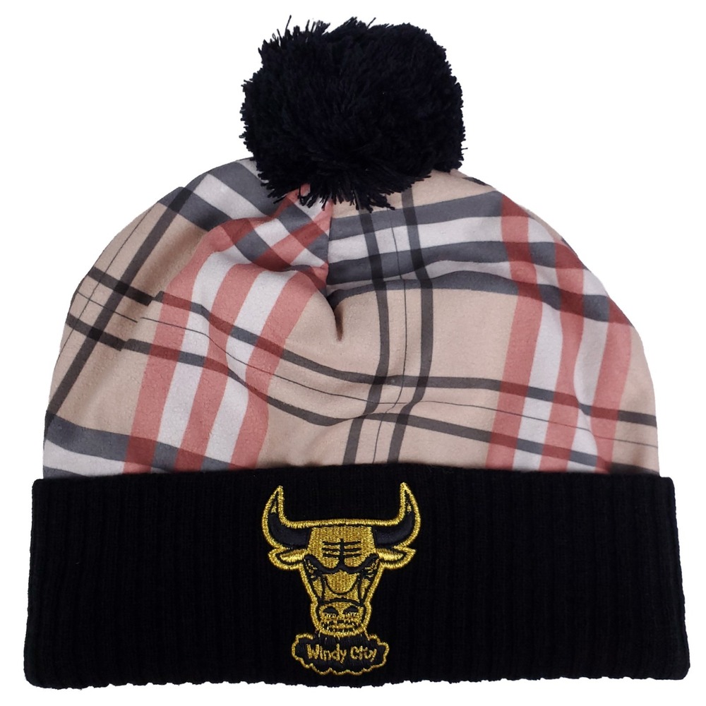 Chicago Bulls‎ Mitchell & Ness NBA Cuff Knit Hat Pom Cap 3D Logo Plaid Art New